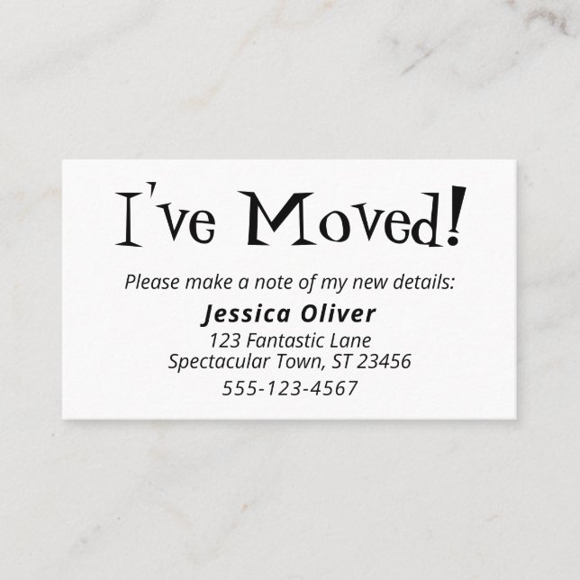 Quirky "I've Moved" White Hand-Out Cards (Front)