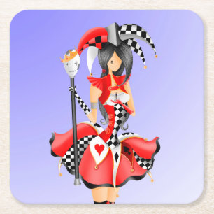 Quirky Jester and Puppet King Square Paper Coaster