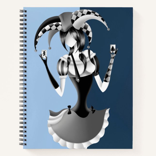 Quirky Jester Holding two Playing Cards Notebook (Front)