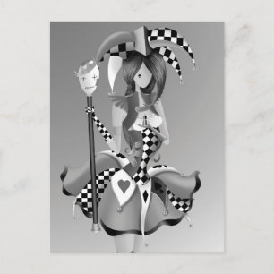 Quirky Jester & Puppet King Monochrome Postcard