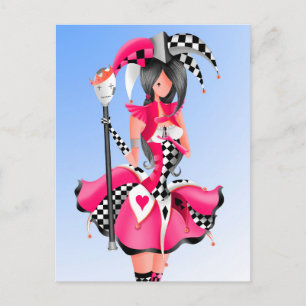 Quirky Jester & Puppet King Pink Postcard