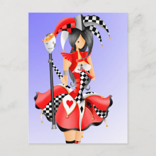 Quirky Jester & Puppet King Red Postcard
