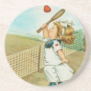 Quirky Kitschy Tennis Themed Valentine, circa 1915 Coaster