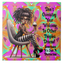 Quirky Lady Tattoos & Wine Drama Ceramic Tile