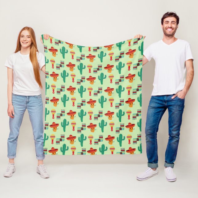Quirky Mexican Cactus and Sombrero Pattern Fleece Blanket (In Situ)