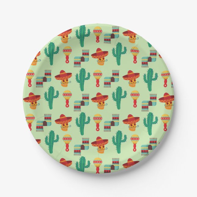 Quirky Mexican Cactus and Sombrero Pattern Paper Plate (Front)
