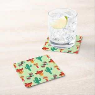 Quirky Mexican Cactus and Sombrero Pattern Square Paper Coaster