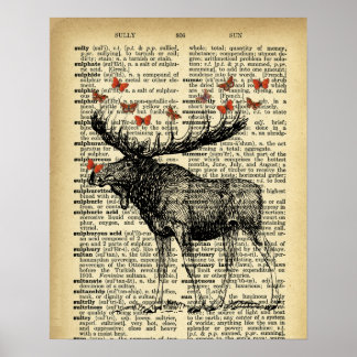Quirky Moose Apples Antique Dictionary Page Art Poster