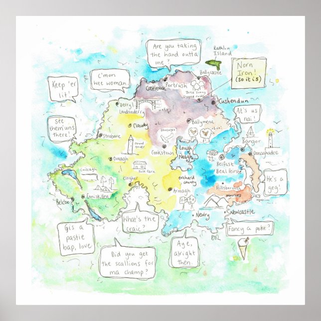 Quirky Northern Ireland map with sayings. Poster (Front)