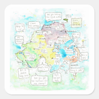 Quirky Northern Ireland map with sayings. Square Sticker
