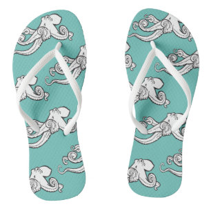 Quirky Octopus Sketches Pattern Teal Flip Flops