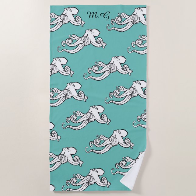 Quirky Octopus Sketches Pattern Teal Monogrammed Beach Towel (Front)