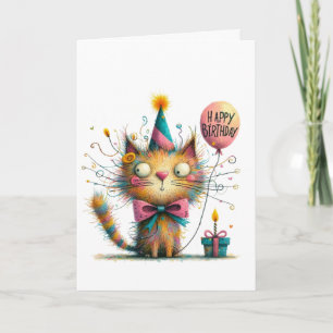 Quirky Orange Cat with Party Hat and Cake Birthday Card