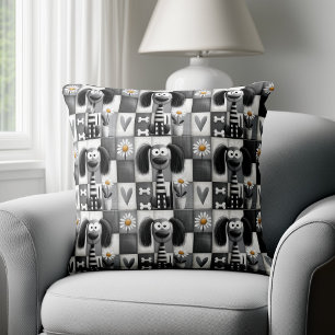 Quirky Patchwork Striped Dog Pattern Throw Pillow