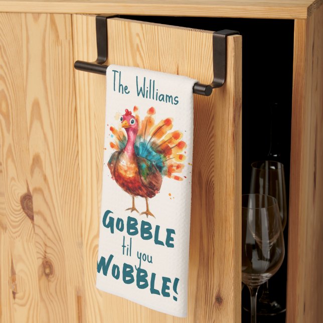 Quirky Peach Watercolor Turkey Thanksgiving Kitchen Towel (Thirds Fold)