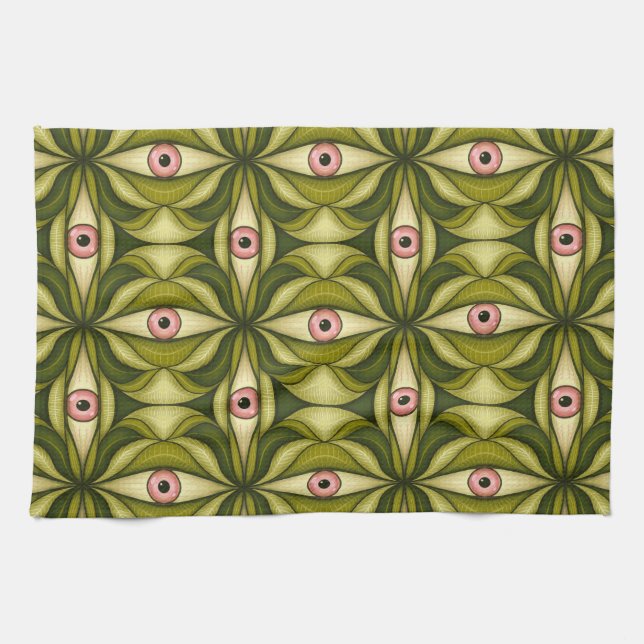 Quirky Pink Eyes And Green Botanicals Pattern Kitchen Towel (Horizontal)