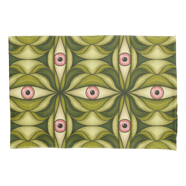 Quirky Pink Eyes And Green Botanicals Pattern Pillowcase (Front)