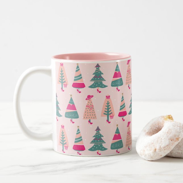 Quirky Pink Girly Feminine Christmas Trees  Two-Tone Coffee Mug (With Donut)