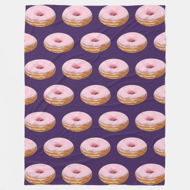 Quirky Pink Glazed Doughnuts Pattern Purple Fleece Blanket (Front)