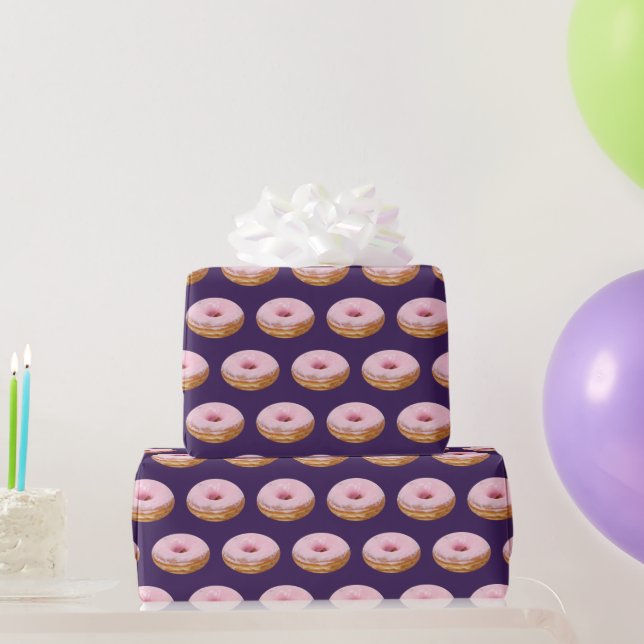 Quirky Pink Glazed Doughnuts Pattern Purple Wrapping Paper (Party Gifts)
