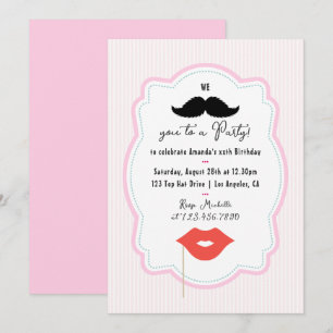 Quirky Pink Retro Moustache Party Invitation