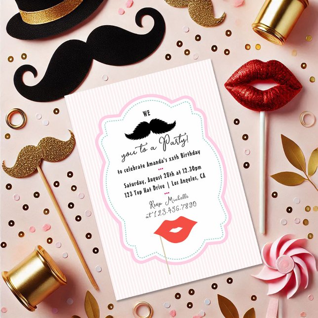 Quirky Pink Retro Moustache Party Invitation (Quirky Pink Retro Mustache Party Invitation)