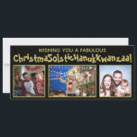 Quirky Politically Correct 3 Photo Black & Gold Holiday Card<br><div class="desc">This funny politically correct holiday card covers all of the bases. The greeting reads "Wishing you a Fabulous ChristmaSolsticHanukKwanzaa!" - blending the words Christmas Solstice, Hanukkah and Kwanzaa into one long word. The text is written a whimsical gold font with a black background, and there is space to upload three...</div>
