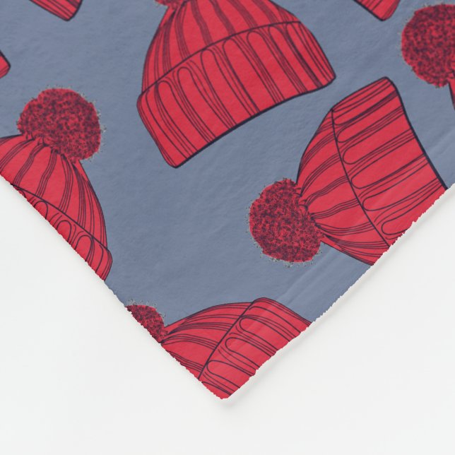 Quirky Red and Blue Bobble Hats Pattern Fleece Blanket (Corner)