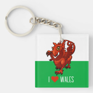 Quirky Red Dragon I Love Wales Welsh Flag Cartoon Keychain