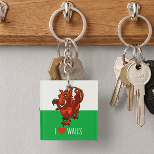 Quirky Red Dragon I Love Wales Welsh Flag Cartoon Keychain