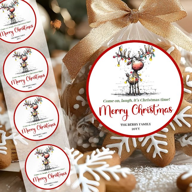Quirky reindeer sticker wrapping lights cartoon  (Quirky reindeer sticker wrapping lights cartoon tag

)