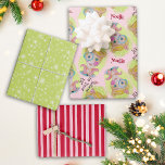 Quirky Retro Christmas Elf Pink Red Green Add Name Wrapping Paper Sheet<br><div class="desc">This cute Christmas design was created using my hand painted mixed media elf with quirky details and a green background with snowflakes for a unique and whimsical vibe. The soft retro mid century colour palette of pinks, greens, and blues is perfect for the modern Holiday season and the funny "Believe...</div>
