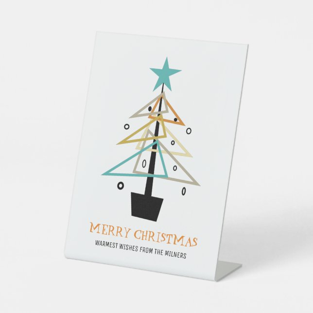 Quirky Retro Christmas Tree Mid Century Holiday Pedestal Sign (Front)