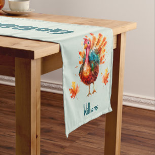 Quirky Sage Green Watercolor Turkey Thanksgiving Short Table Runner