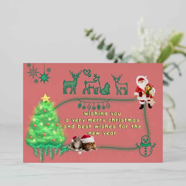 Quirky Santa with Cute Animal and Kitsch Tree Foil Holiday Card (Standing Front)
