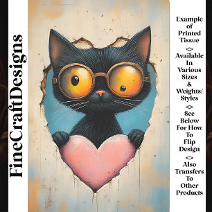 Quirky Steampunk Kitten + Pink Heart AP8 Decoupage Tissue Paper