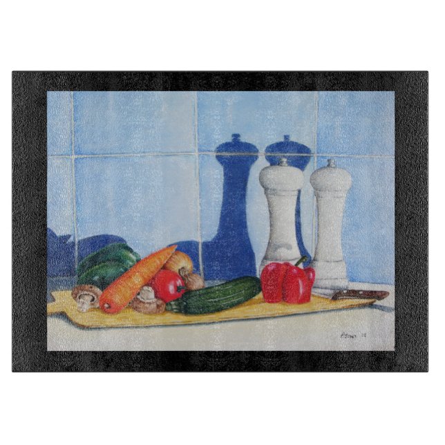 quirky still life painting of vegatables  cutting board (Front)