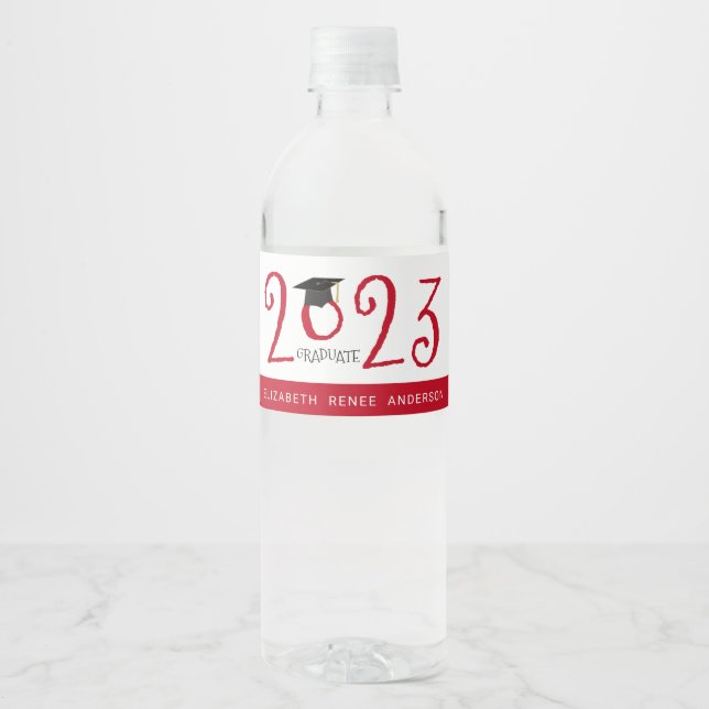 Quirky Text Red 2023 Graduate Water Bottle Label (Front)