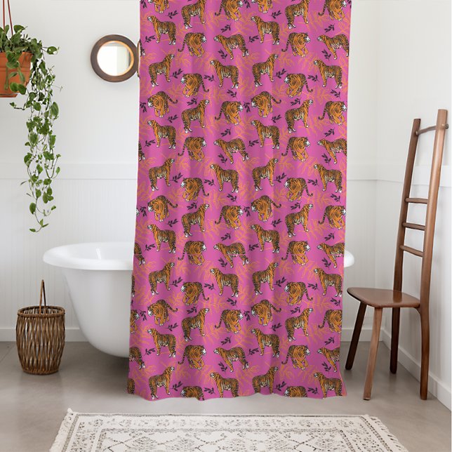 Quirky Tiger Pattern on Bright Pink (You'll just go absolutely wild for this “roarsome” tiger pattern on pink shower curtain)