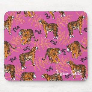 Quirky Tiger Pattern on Bright Pink Mouse Pad