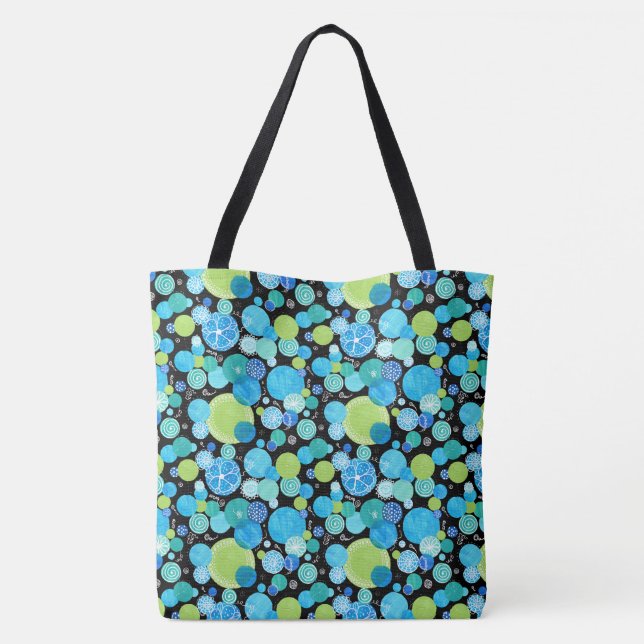 Quirky Turquoise Blue Neon Green Emerald on Black Tote Bag (Back)