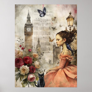 Quirky Victorian Gothic Girl & Florals London Poster