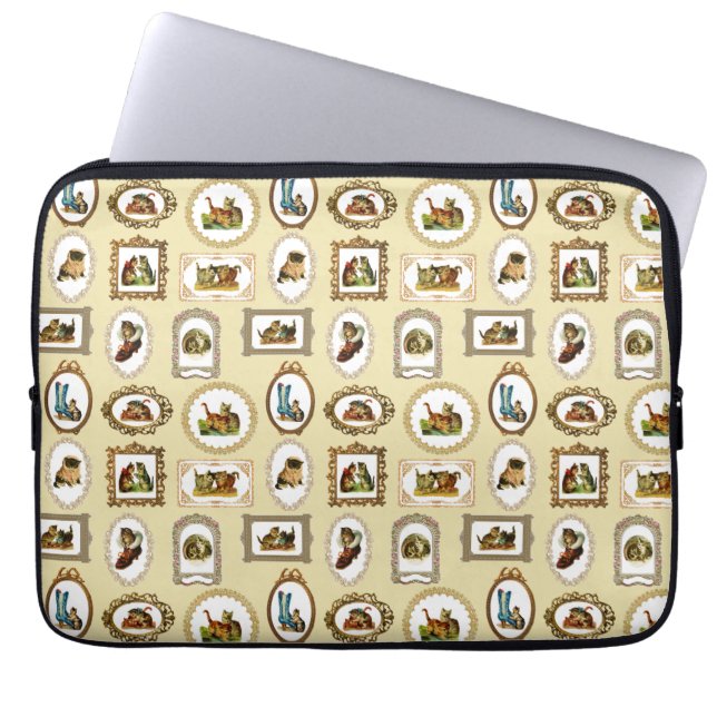 Quirky Vintage Framed Cats Pattern Laptop Sleeve (Front)