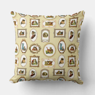 Quirky Vintage Framed Cats Pattern Throw Pillow