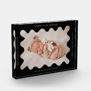 Quirky Wavy Black Frame Newborn Keepsake Photo Block