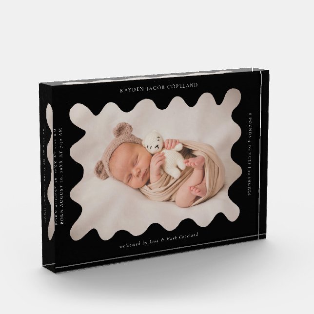 Quirky Wavy Black Frame Newborn Keepsake Photo Block (Left)