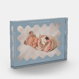 Quirky Wavy Blue Frame Newborn Keepsake Photo Block