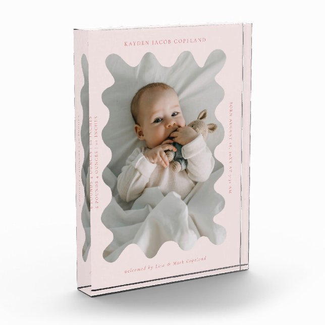 Quirky Wavy Frame Newborn Keepsake Pink Photo Block (Left)