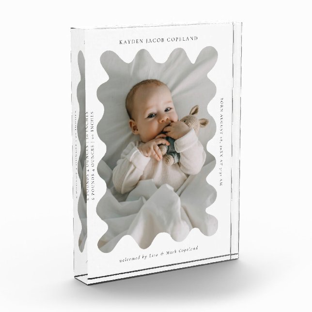 Quirky Wavy Frame Newborn Keepsake White Photo Block (Left)