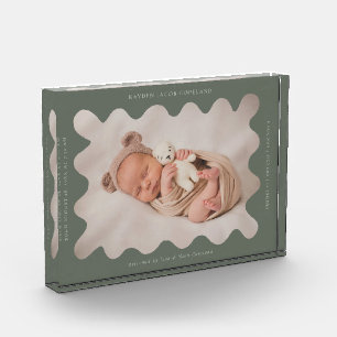 Quirky Wavy Green Frame Newborn Keepsake Photo Block